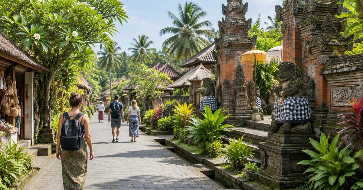 Travelers walking past a temple in Ubud, Bali