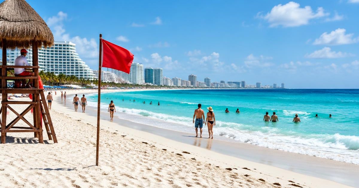 Travelers on Cancún beach beside the Caribbean Sea