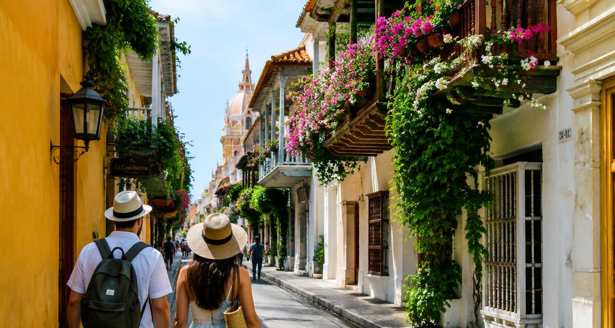 Travelers exploring a street in Cartagena, Colombia