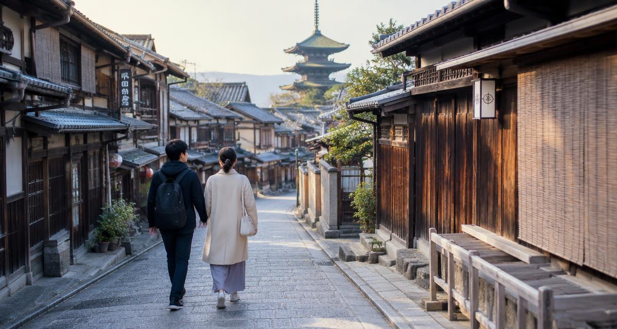 Travelers exploring a street in Kyoto, Japan