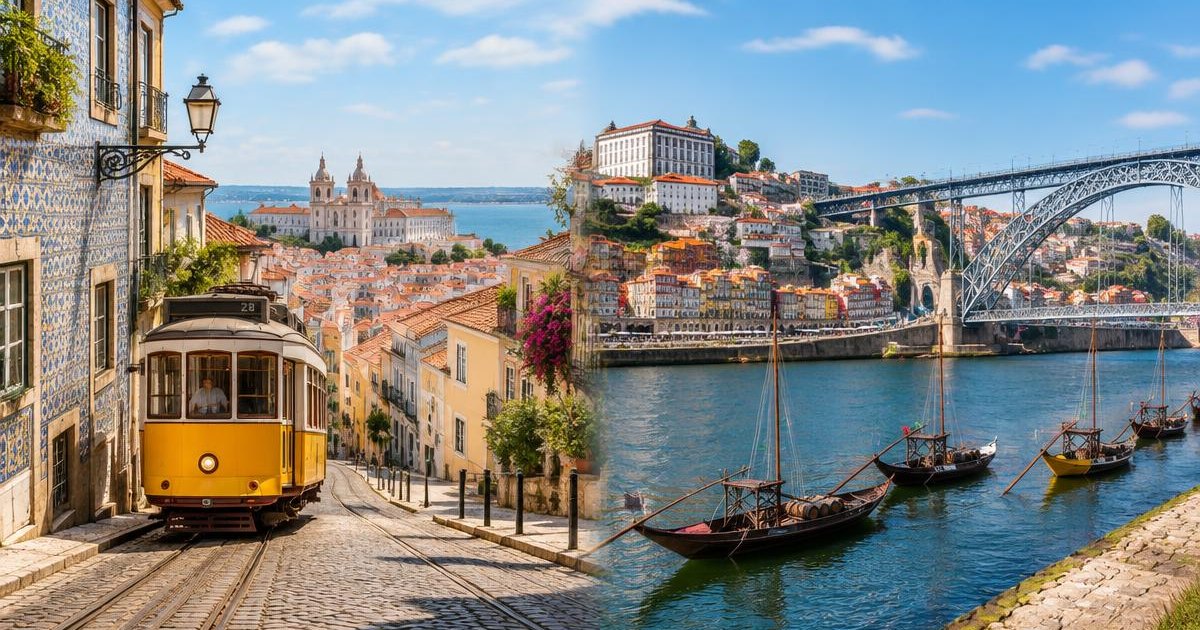 Lisbon tram and Porto riverside shown side by side