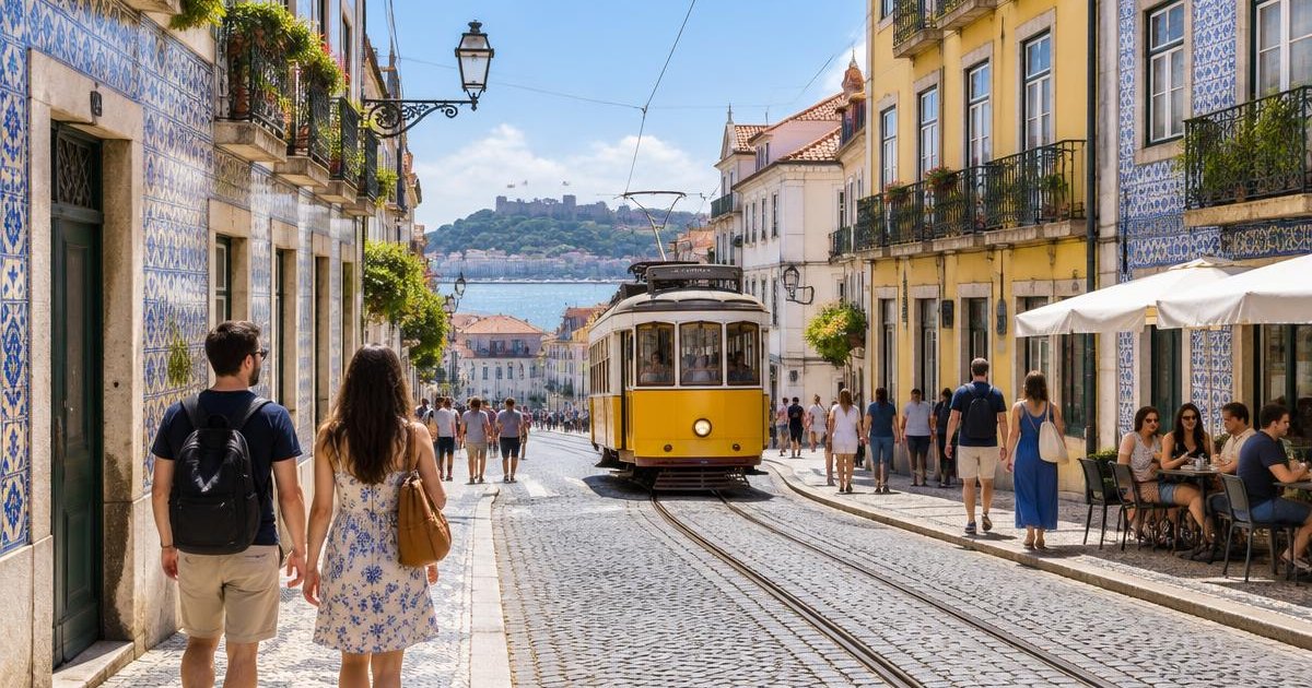 Travelers and a yellow tram on a sunny Lisbon street
