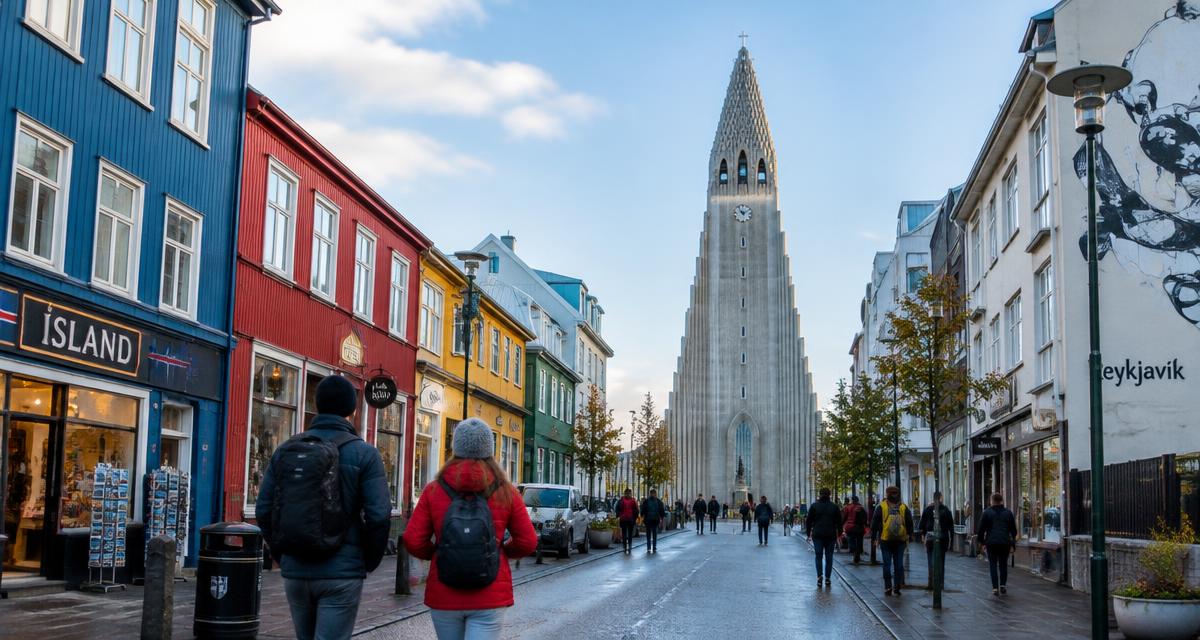 Travelers exploring a street in Reykjavík, Iceland