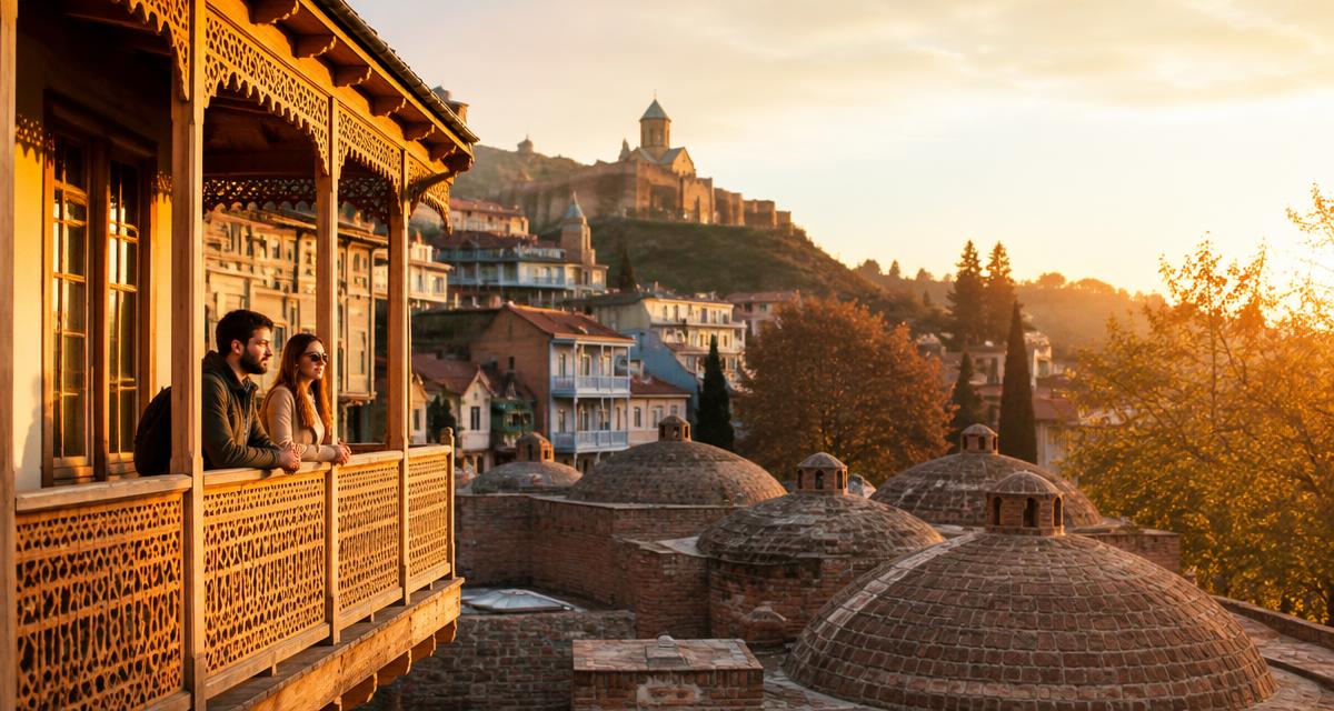 Travelers exploring a street in Tbilisi, Georgia